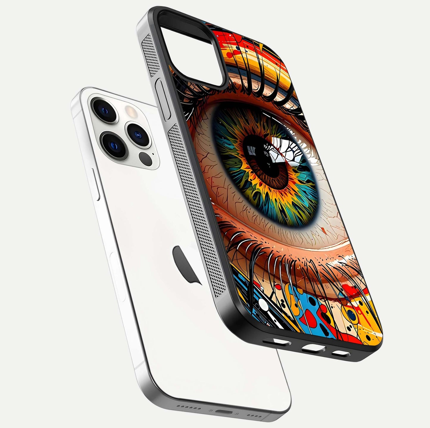 Colorful Eye Glass Case for iPhone 12 Pro floating mockup showing bright contrast and gloss clarity