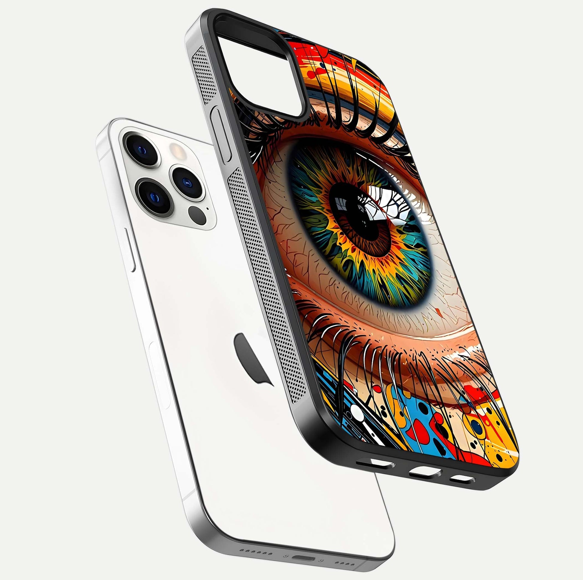 Colorful Eye Glass Case for iPhone 12 Pro floating mockup showing bright contrast and gloss clarity