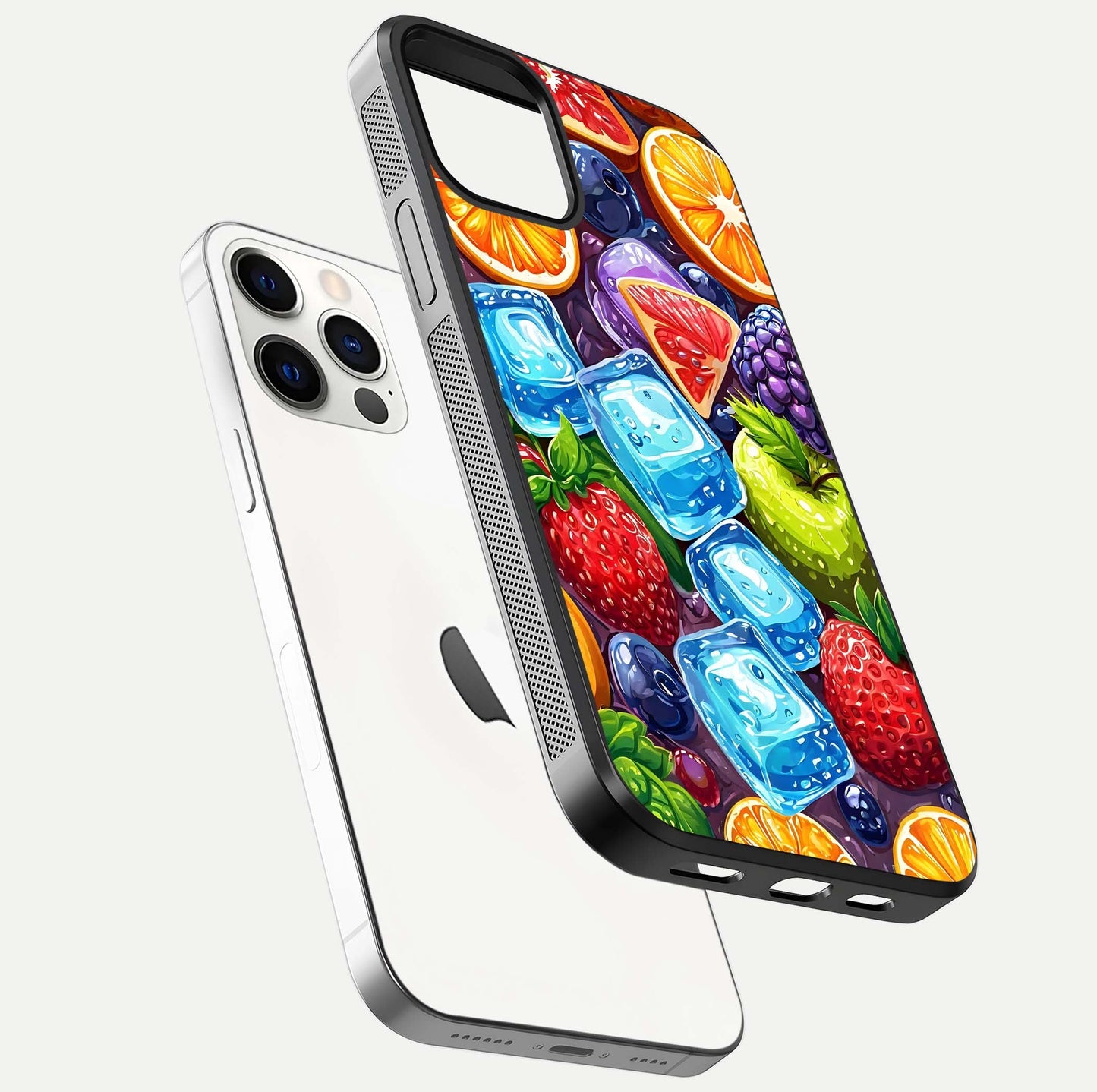 Colorful Fruits with Ice Glass Case for iPhone 12 Pro floating mockup showing bright shine and crystal clarity