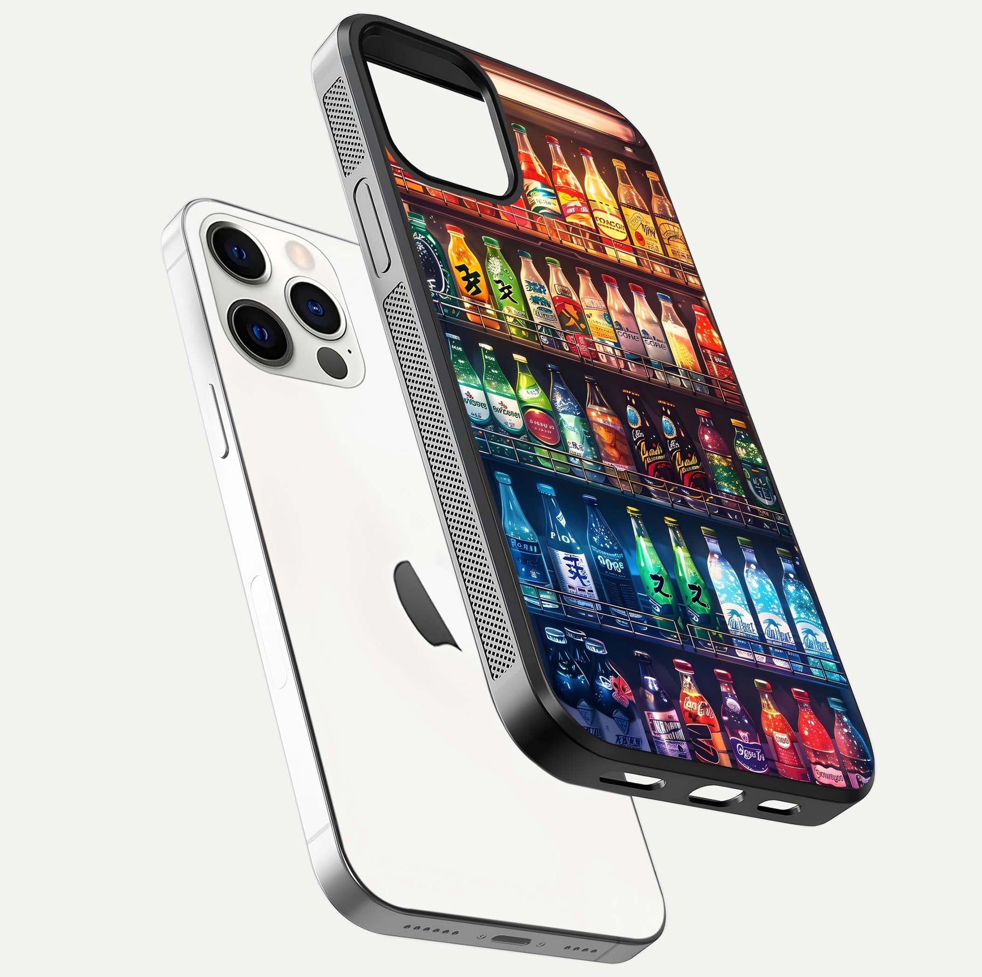 Colorful Soda Bottles Glass Case for iPhone 12 Pro floating mockup showing light reflection and bright gloss