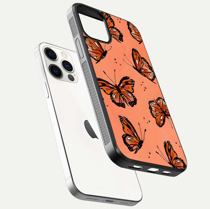 Coral Wing Butterfly Glass Case for iPhone 12 Pro floating mockup showing HD gloss texture and vivid coral color