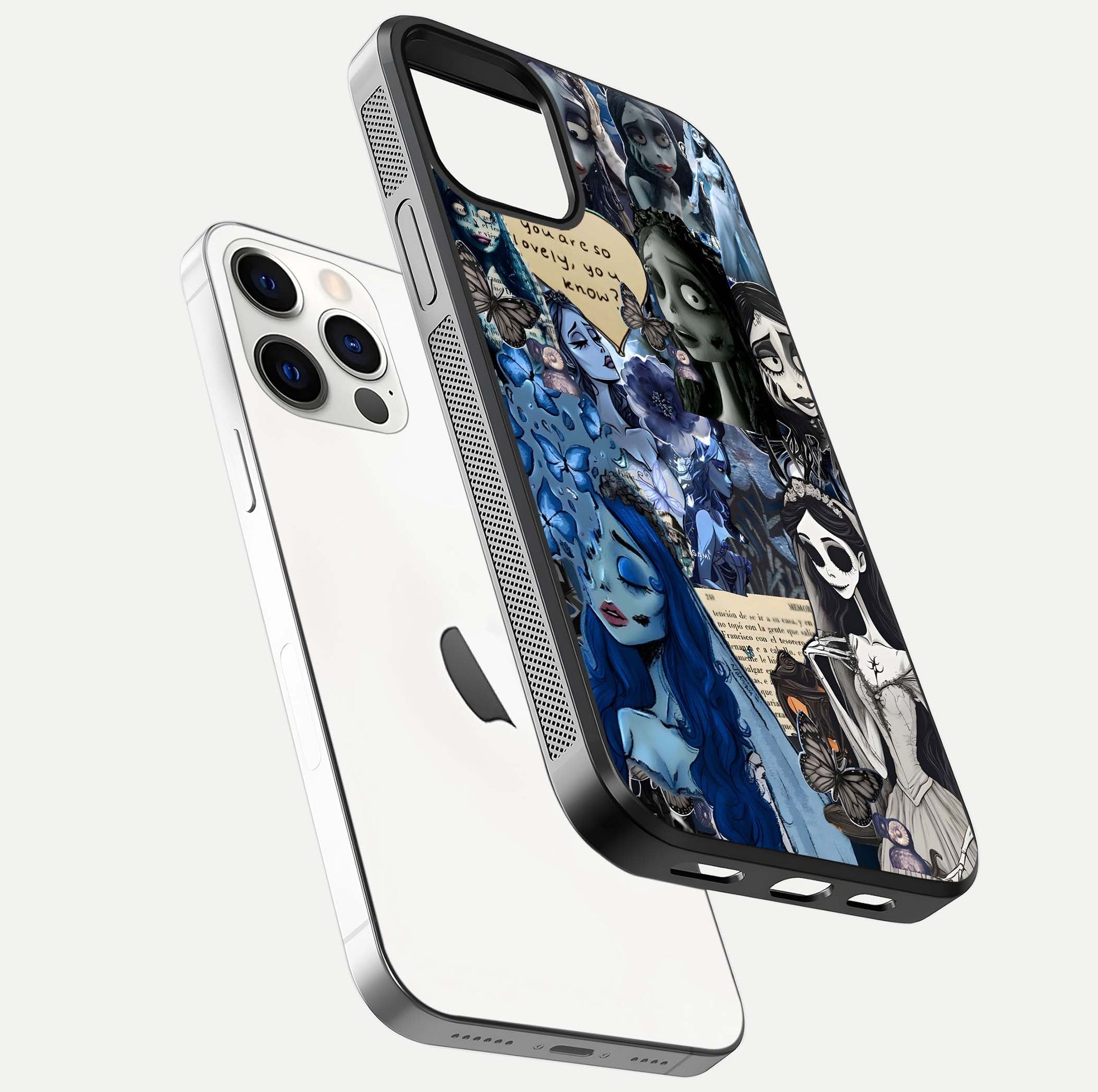 Corpse Bride Posters Glass Case for iPhone 12 Pro floating mockup showing shine texture and clear design