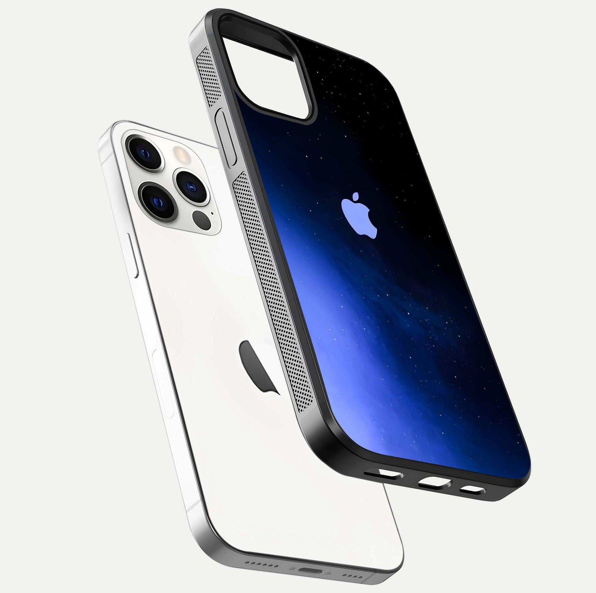 Cosmic Blue Apple Glass Case for iPhone 12 Pro floating mockup showing HD gloss and deep space gradient