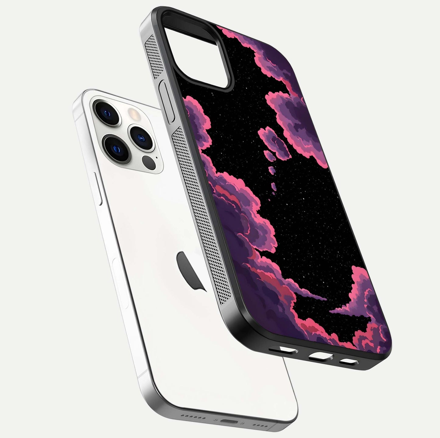 Cosmic Cloud Journey Glass Case for iPhone 12 Pro floating mockup showing HD gloss and cosmic gradient