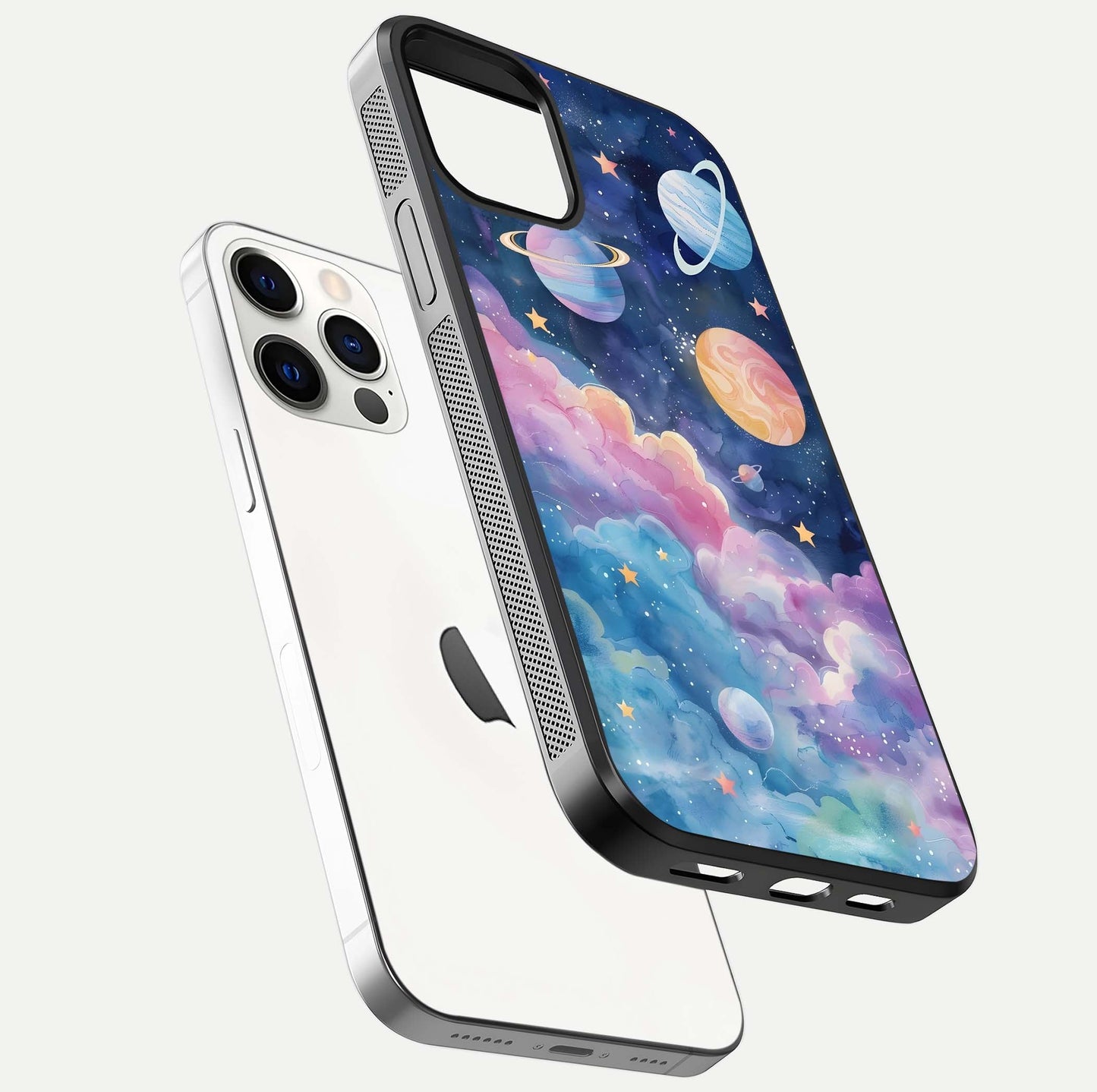 Cosmic Planet Dreams Glass Case for iPhone 12 Pro floating mockup showing HD gloss and cosmic reflection