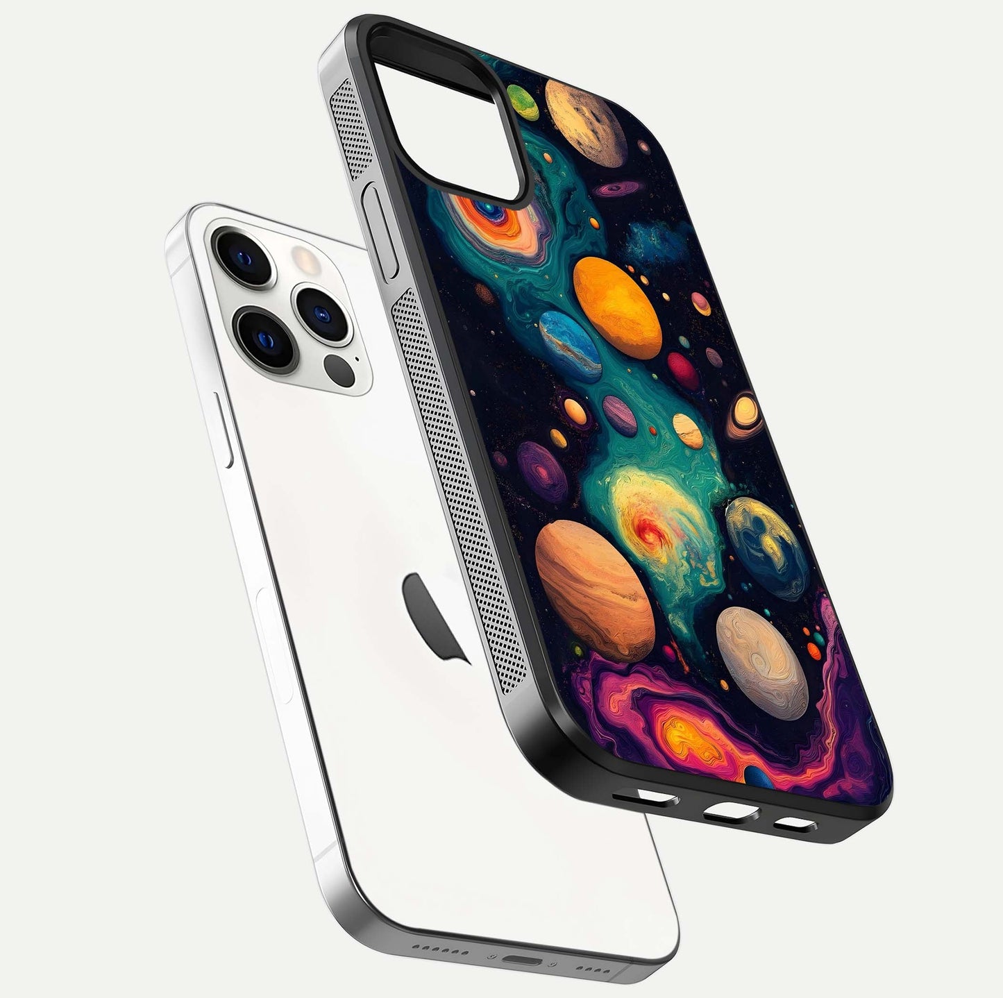 Cosmic Planet Journey Glass Case for iPhone 12 Pro floating mockup showing gloss gradient and deep shine