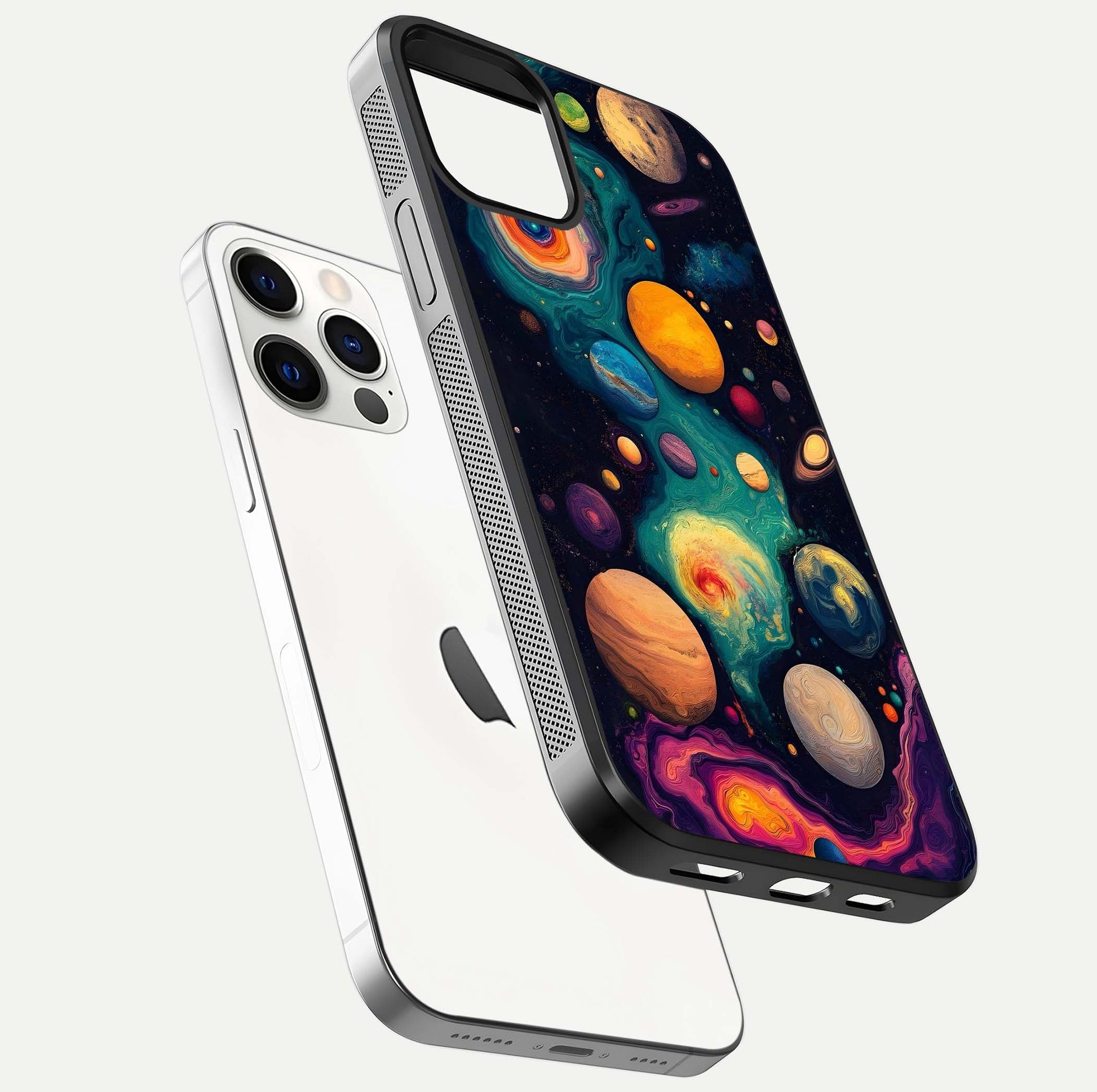 Cosmic Planet Journey Glass Case for iPhone 12 Pro floating mockup showing gloss gradient and deep shine