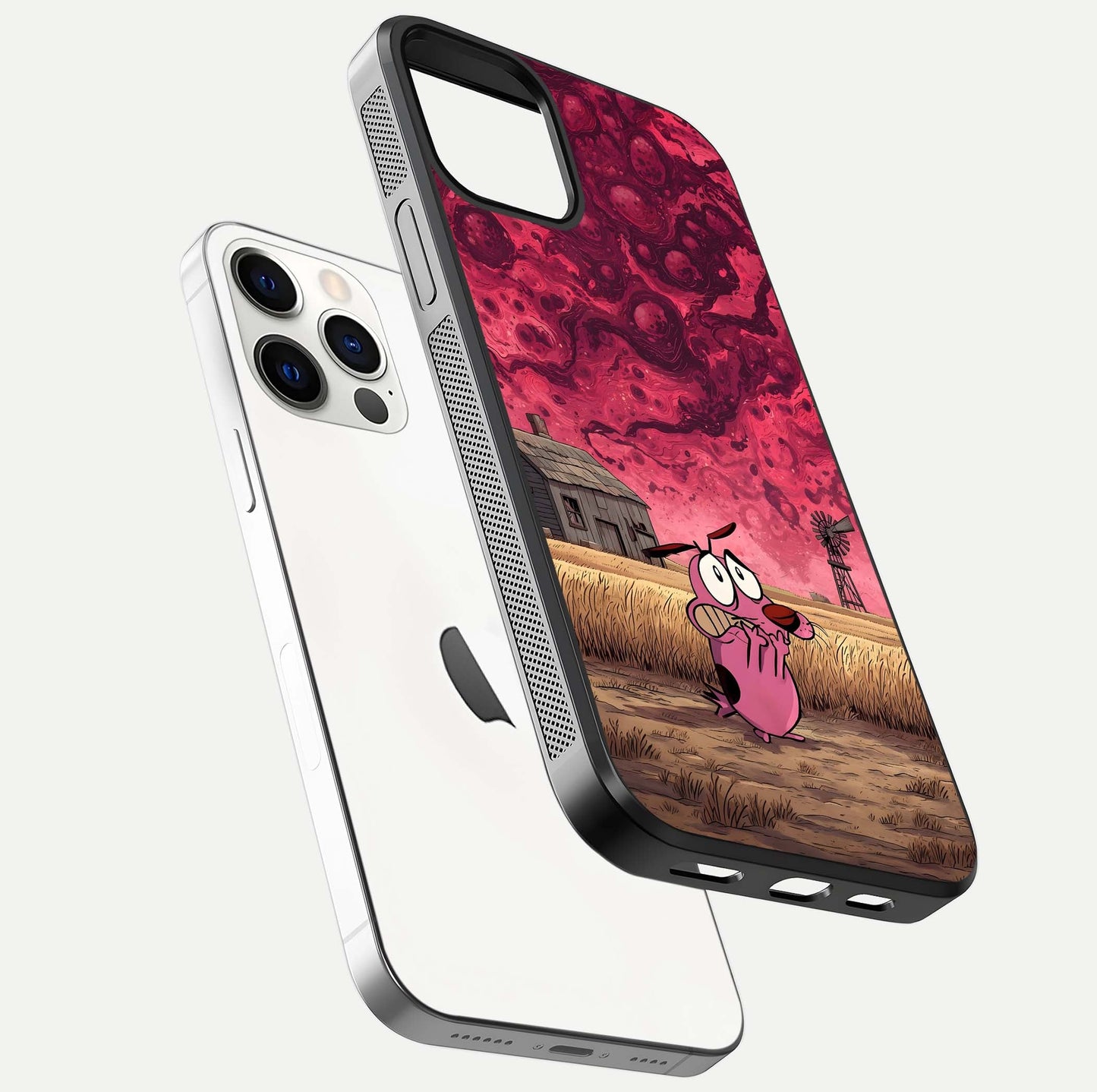 Courage Under Sky Glass Case for iPhone 12 Pro floating mockup showing shine reflection and clean edges
