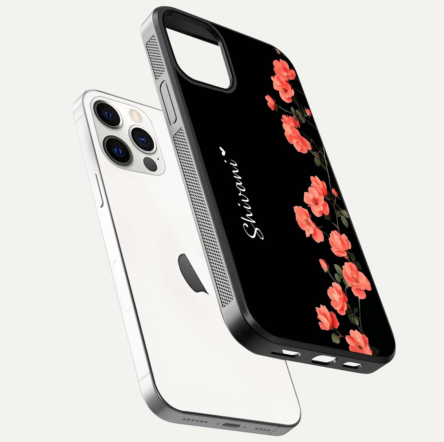 Crimson Bloom Grace Custom Name Glass Case for iPhone 12 Pro floating mockup showing HD gloss and floral tones