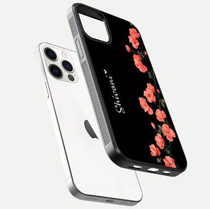 Crimson Bloom Grace Custom Name Glass Case for iPhone 12 Pro floating mockup showing HD gloss and floral tones