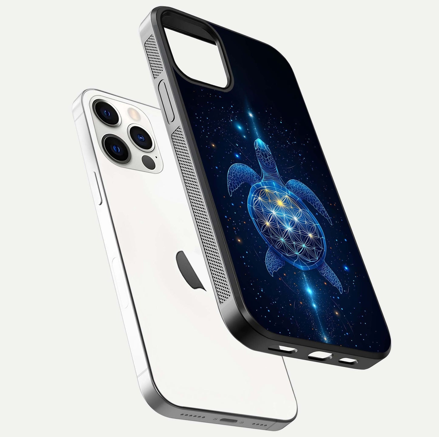 Crimson Blue Turtle Glass Case for iPhone 12 Pro floating mockup showing reflection polish and deep hues
