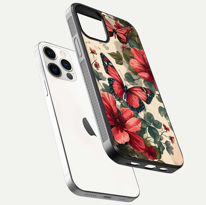 Crimson Butterfly Garden Glass Case for iPhone 12 Pro floating mockup showing HD gloss and vivid art