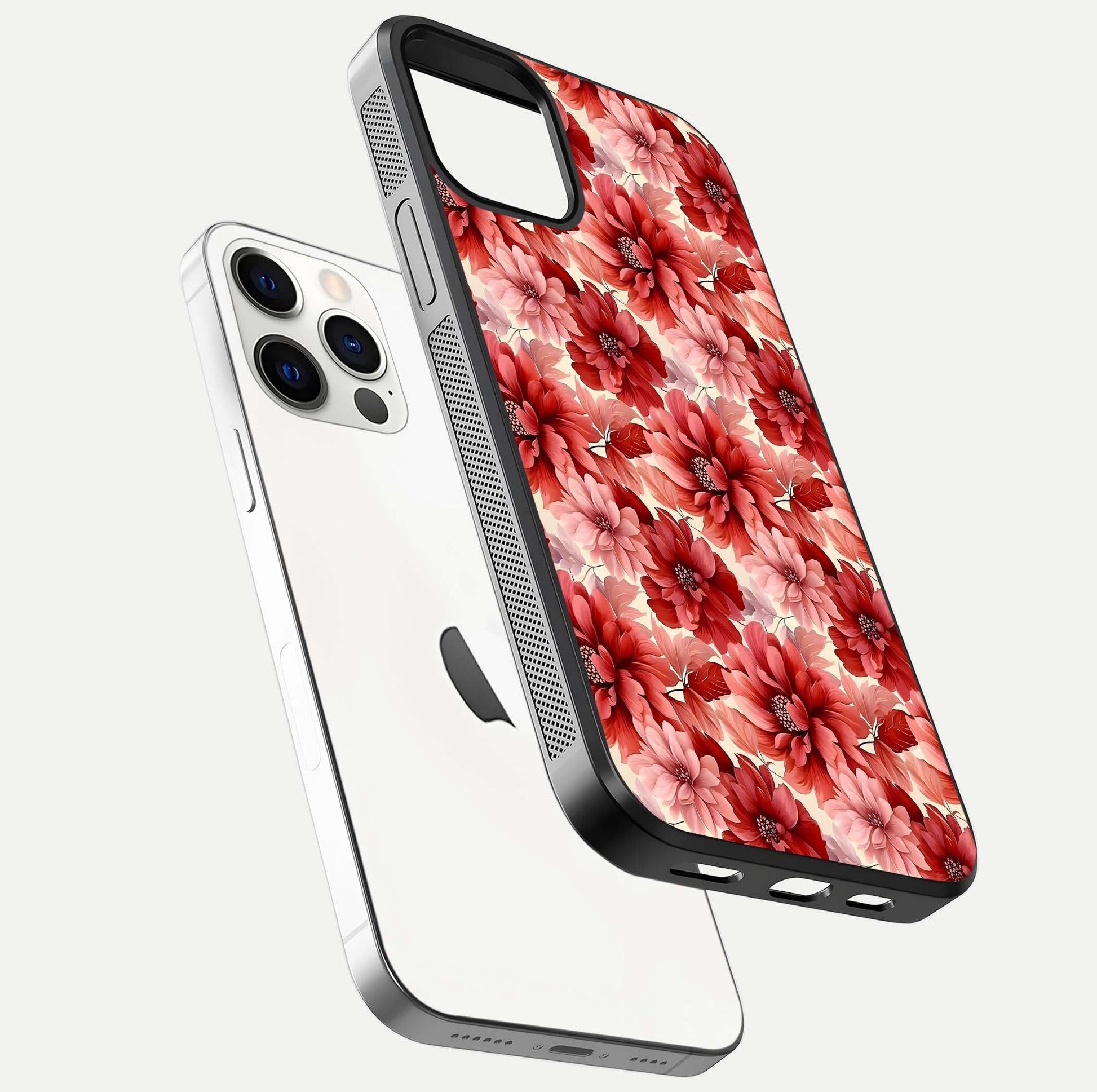 Crimson Love Petals Glass Case for iPhone 12 Pro floating mockup showing HD gloss and vivid detail