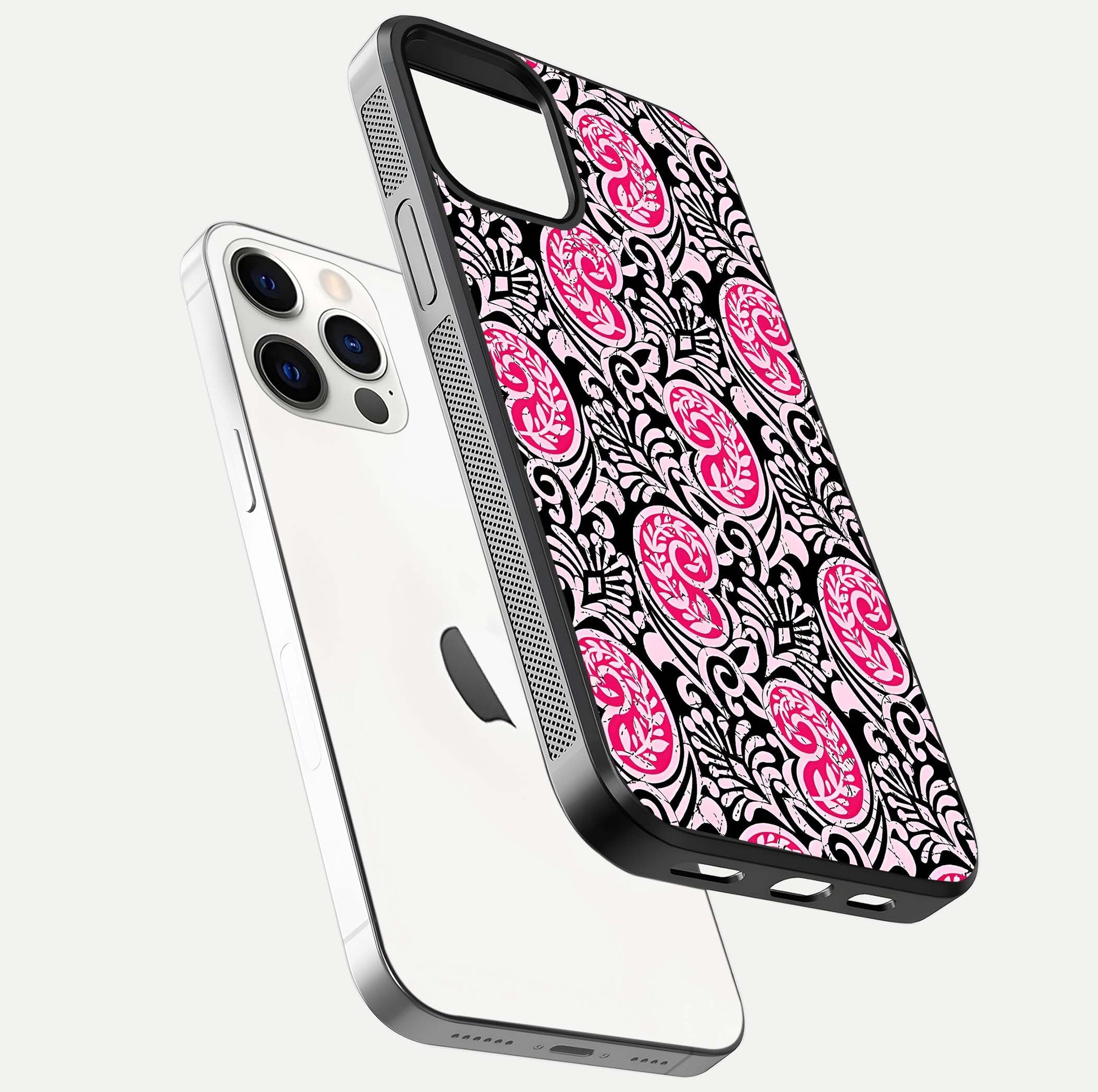 Crimson Paisley Charm Glass Case for iPhone 12 Pro floating mockup showing gloss shine and texture clarity