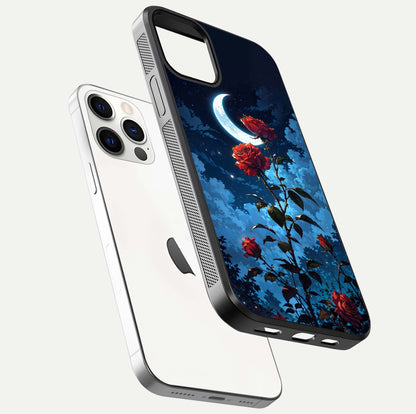 Crimson Rose Moon Glass Case for iPhone 12 Pro floating mockup showing HD shine and elegant contrast