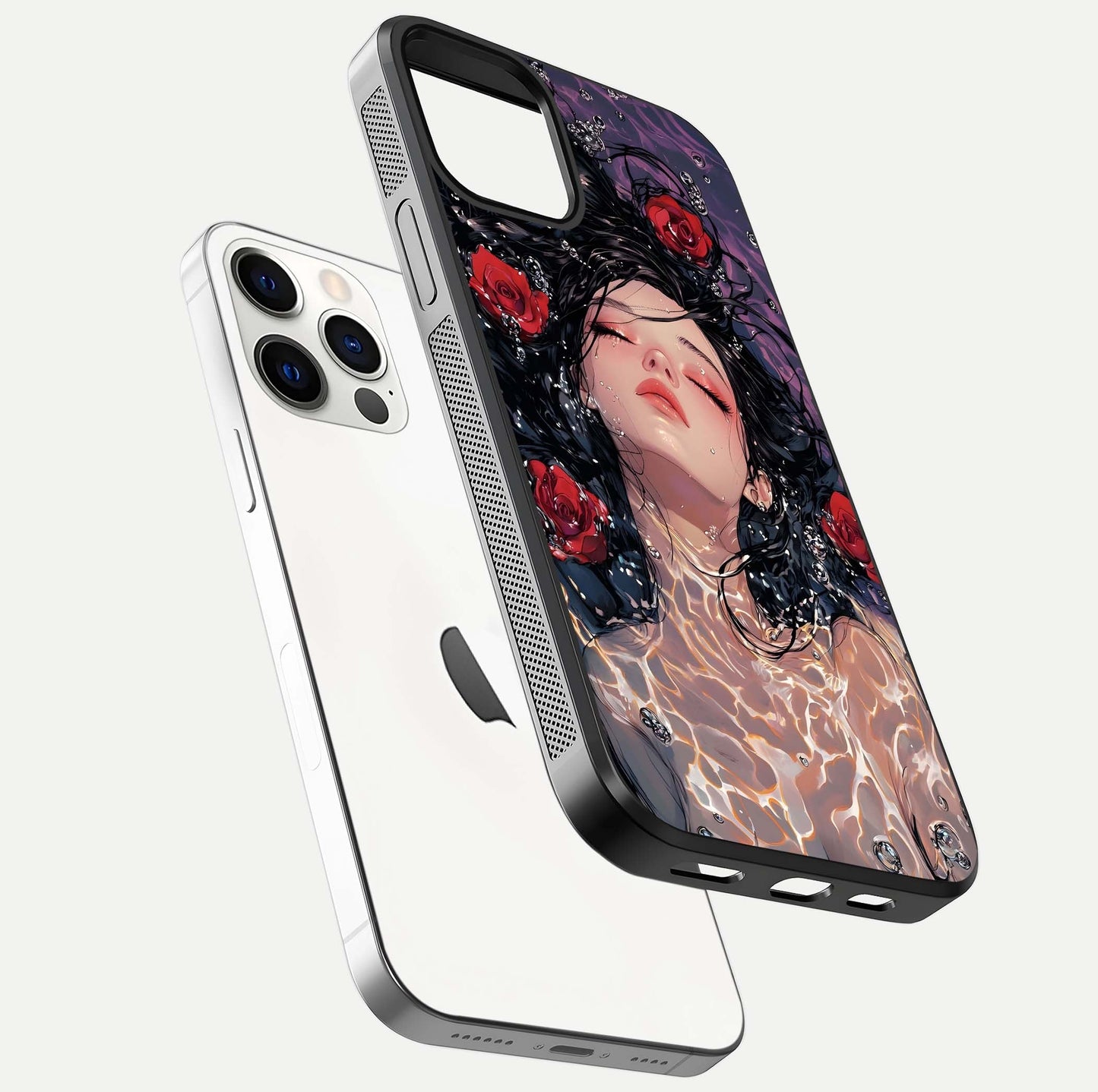 Crimson Rose Serenity Glass Case for iPhone 12 Pro floating mockup showing HD gloss and floral texture