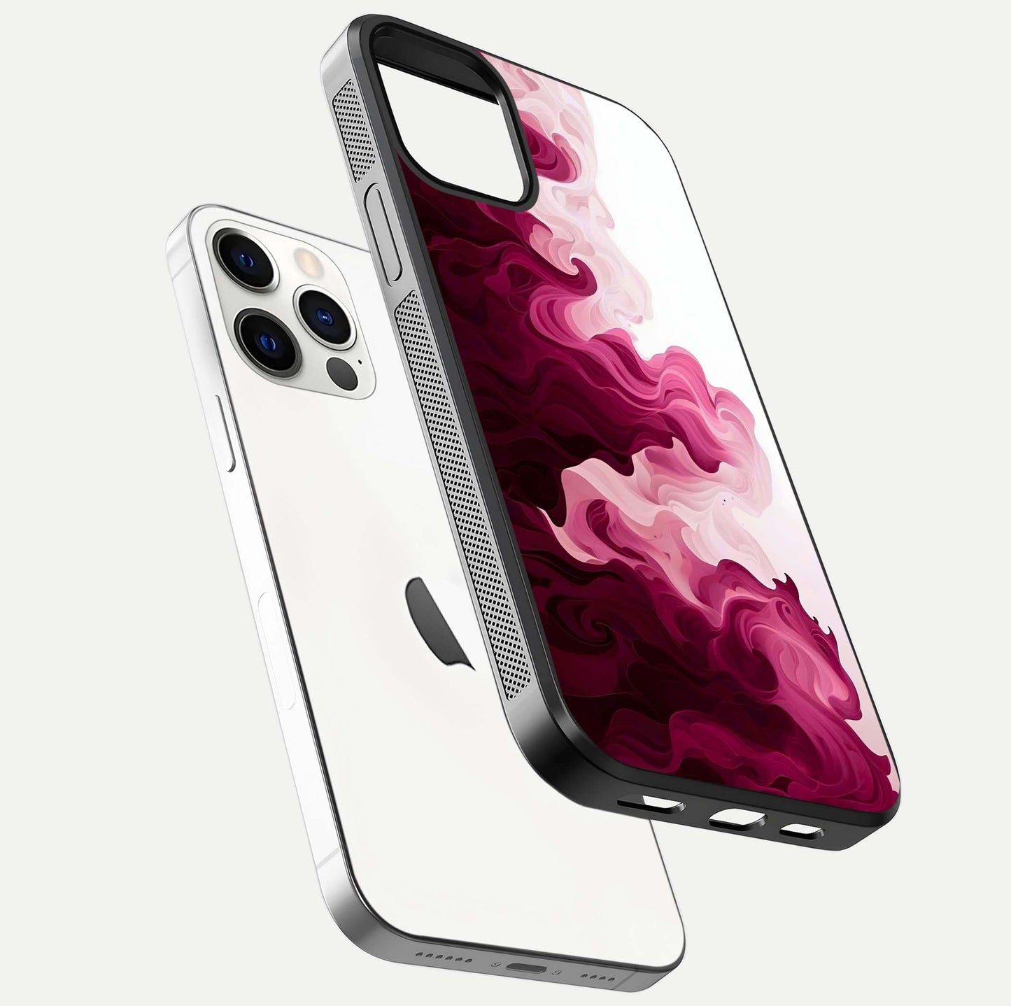 Crimson Wave Flow Glass Case for iPhone 12 Pro floating mockup showing gloss shine and smooth edge