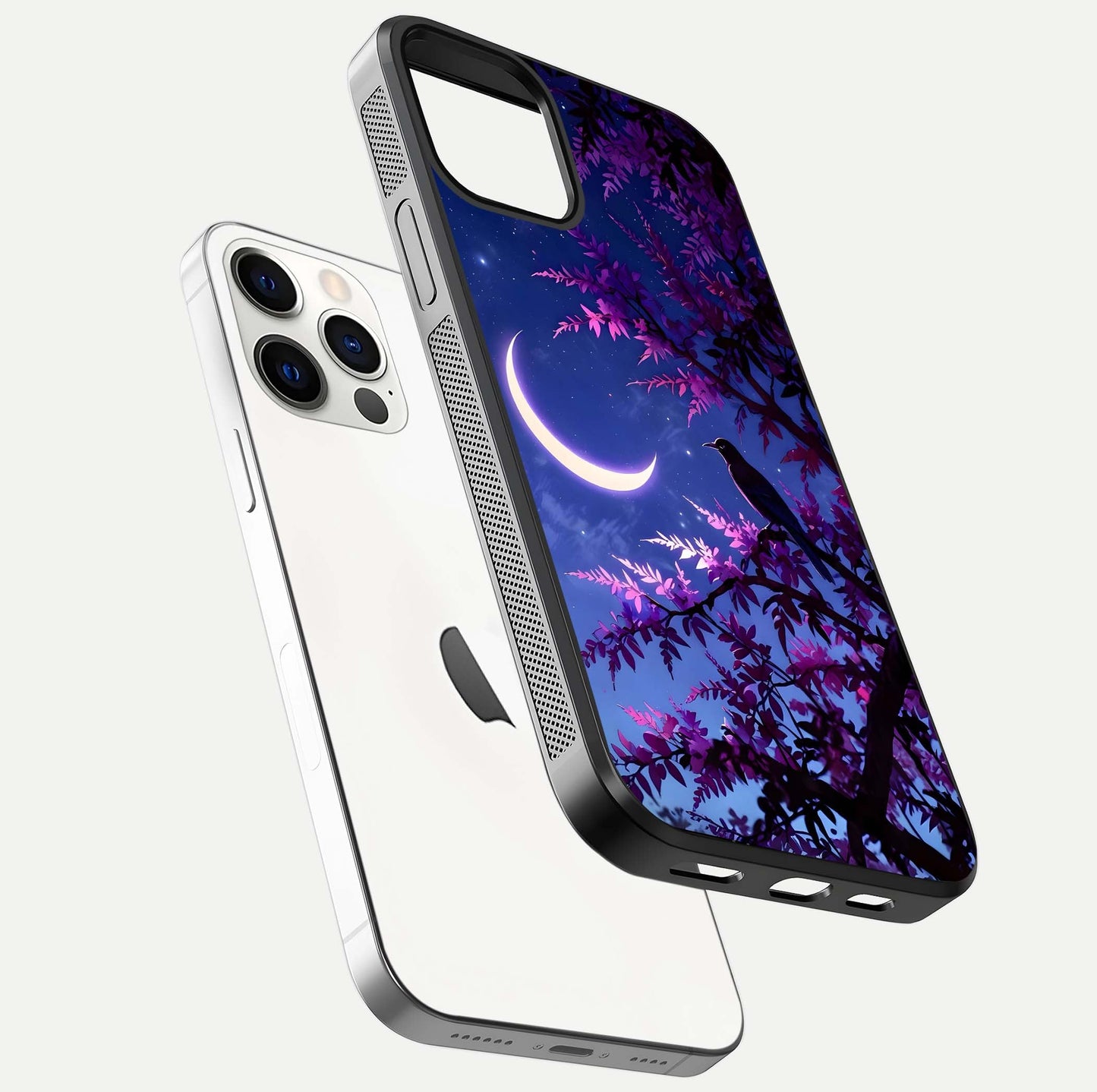 Crow & Moon Scenery Glass Case for iPhone 12 Pro floating mockup showing HD gloss texture and soft moonlight glow
