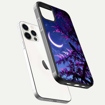Crow & Moon Scenery Glass Case for iPhone 12 Pro floating mockup showing HD gloss texture and soft moonlight glow