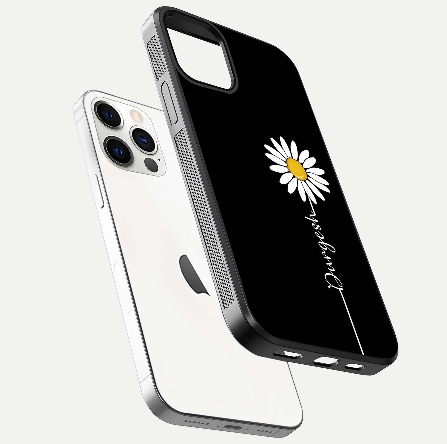 Custom Name White Flower Glass Case for iPhone 12 Pro floating mockup displaying HD gloss and delicate texture