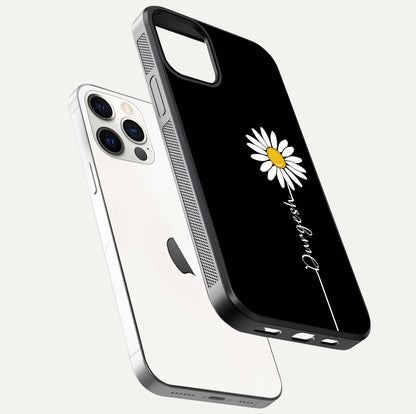 Custom Name White Flower Glass Case for iPhone 12 Pro floating mockup displaying HD gloss and delicate texture