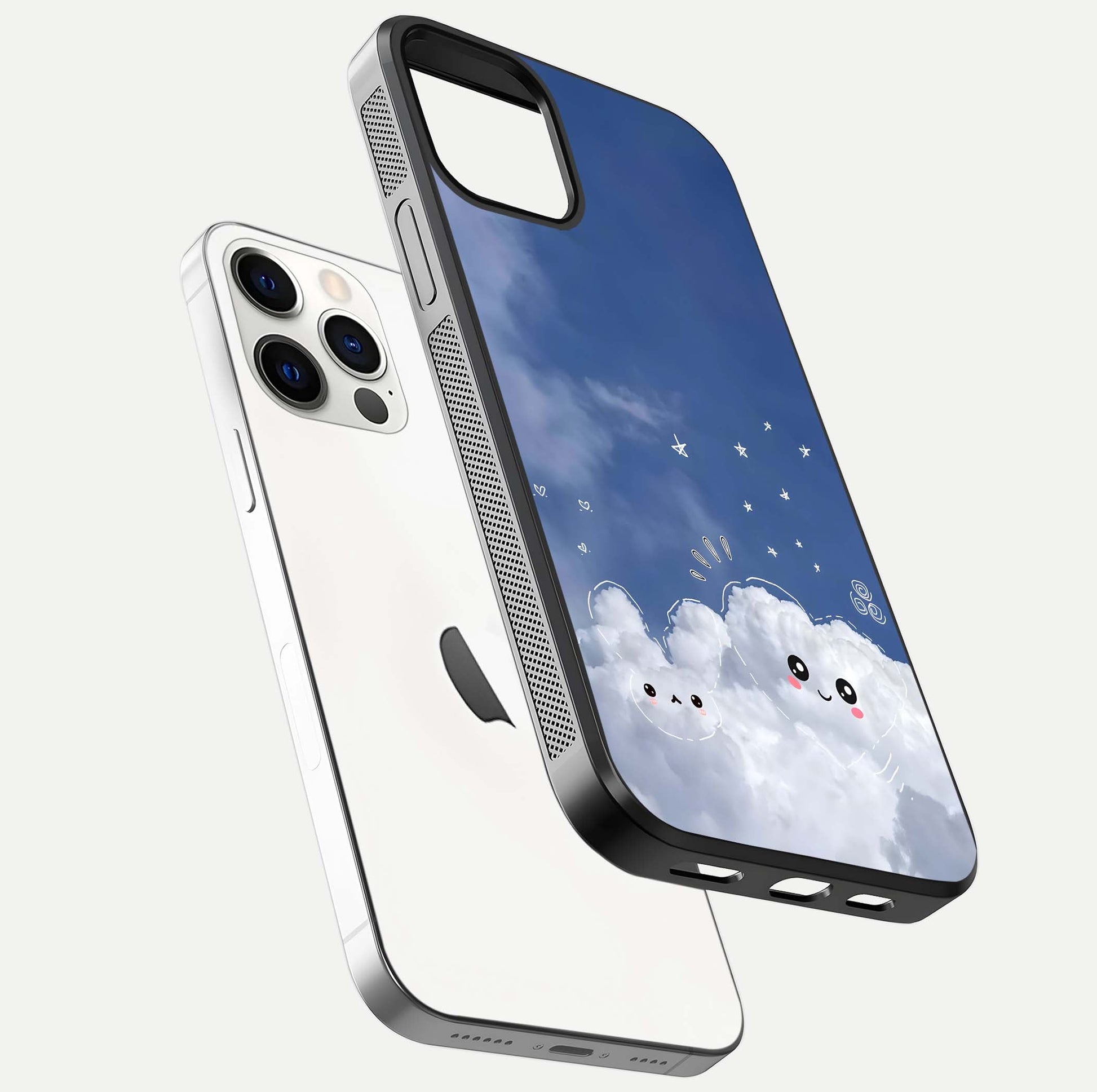 Cute Blossom Cloud Glass Case for iPhone 12 Pro floating mockup showing HD shine and soft gradient finish