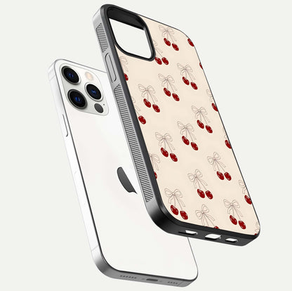 Cute Cherry Pattern Glass Case for iPhone 12 Pro floating mockup showing HD gloss shine and clear tones