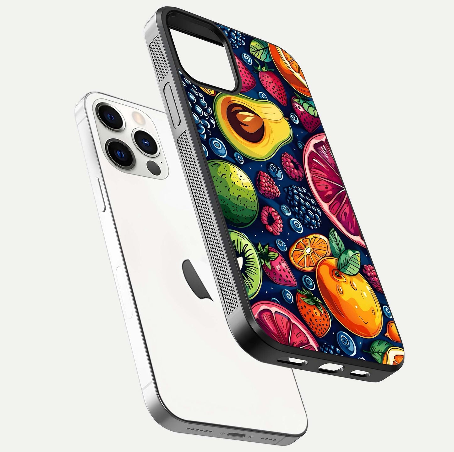 Cute Fruits Art Glass Case for iPhone 12 Pro floating mockup showing gloss brightness and vivid artwork