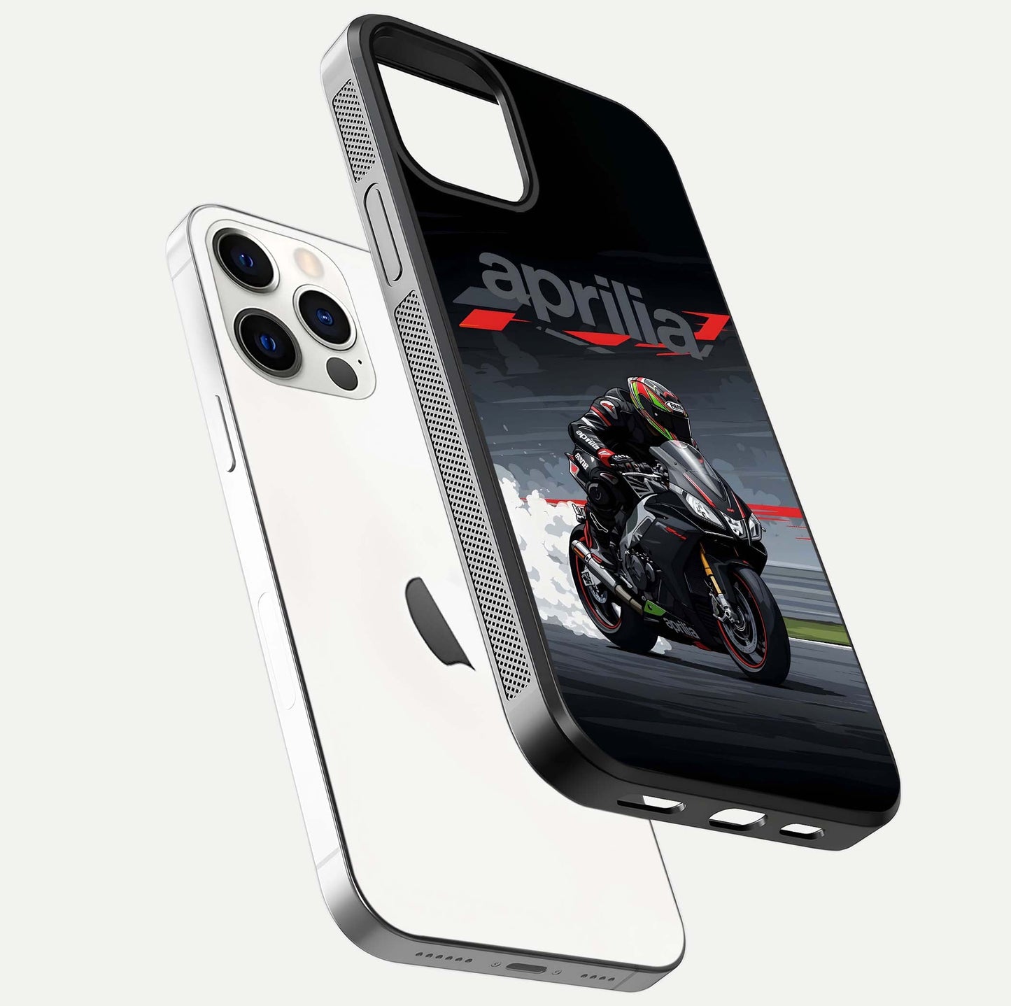 Dark Aprilla Glass Case for iPhone 12 Pro floating mockup showing glossy contrast and texture clarity