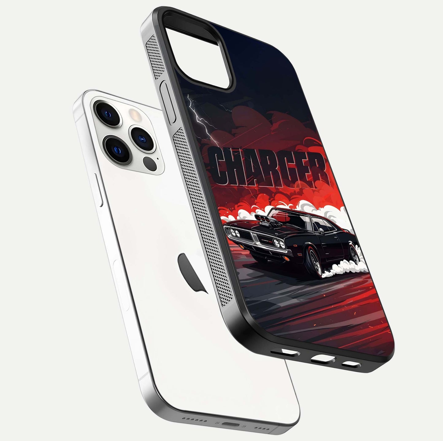 Dark Charger Fury Glass Case for iPhone 12 Pro floating mockup showing reflection depth and shiny surface