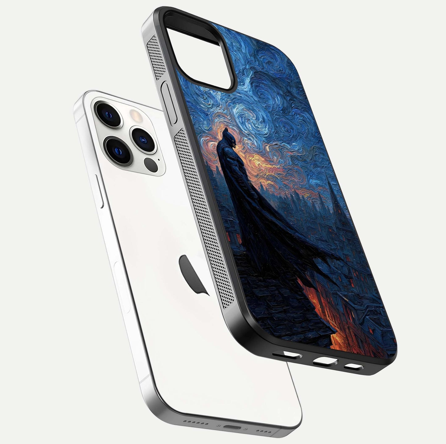 Dark Knight Dusk Glass Case for iPhone 12 Pro floating mockup showing glossy depth and cinematic lighting