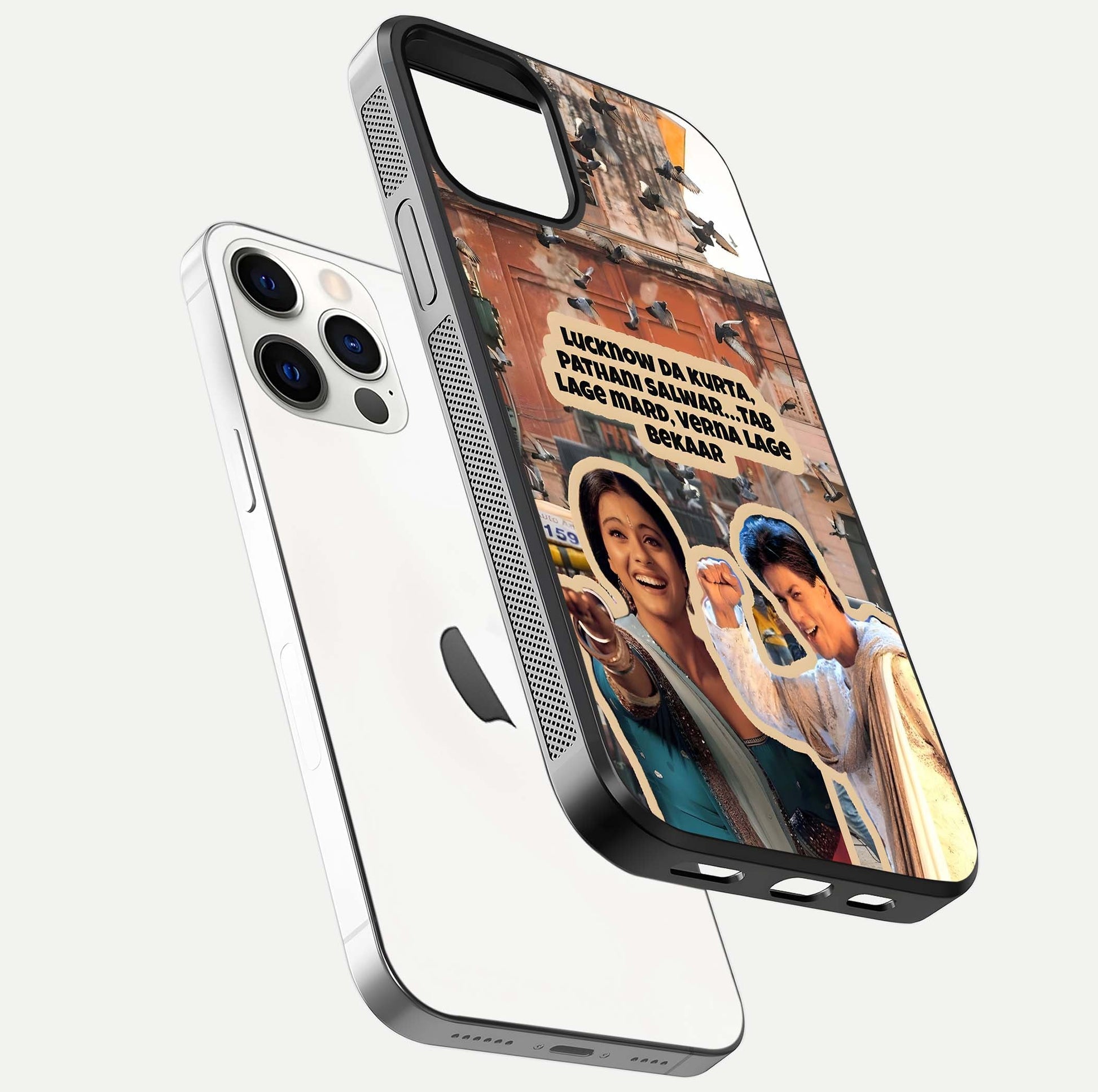 Desi Retro Vibes Glass Case for iPhone 12 Pro floating mockup showing shine polish and vivid tones