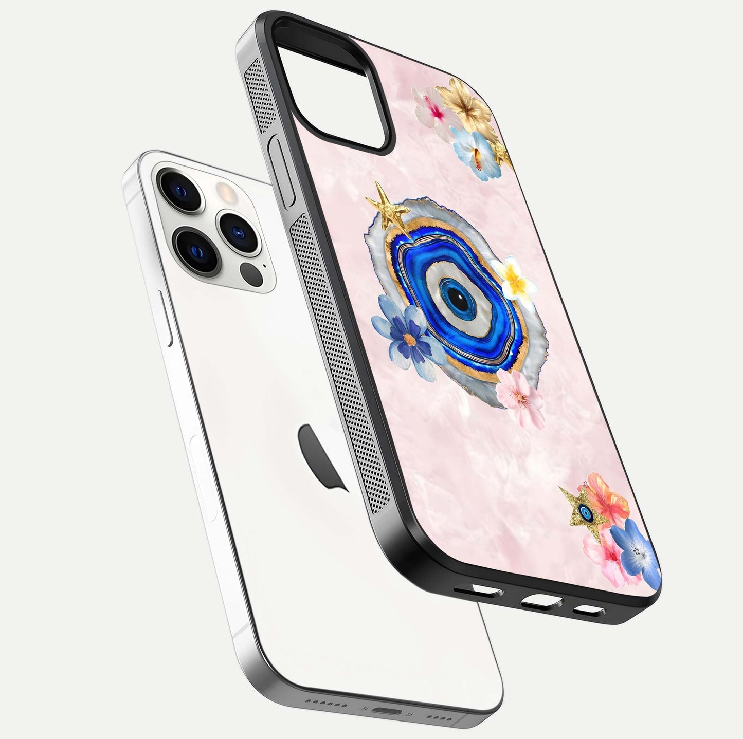 Divine Aura Bloom Glass Case for iPhone 12 Pro floating mockup showing gloss texture and elegant design