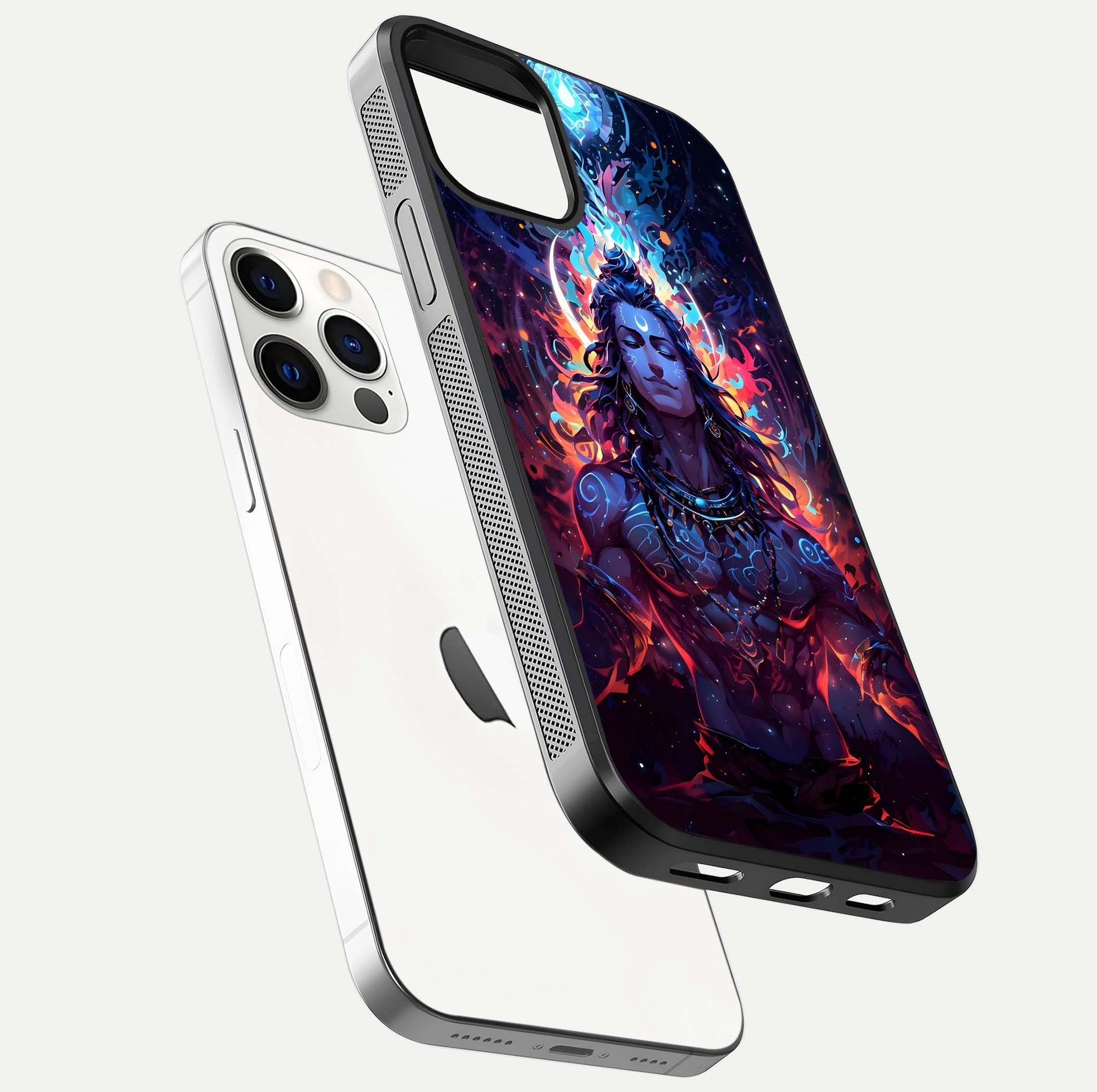Divine Fire Shiv Glass Case for iPhone 12 Pro floating mockup showing glow texture and gloss finish