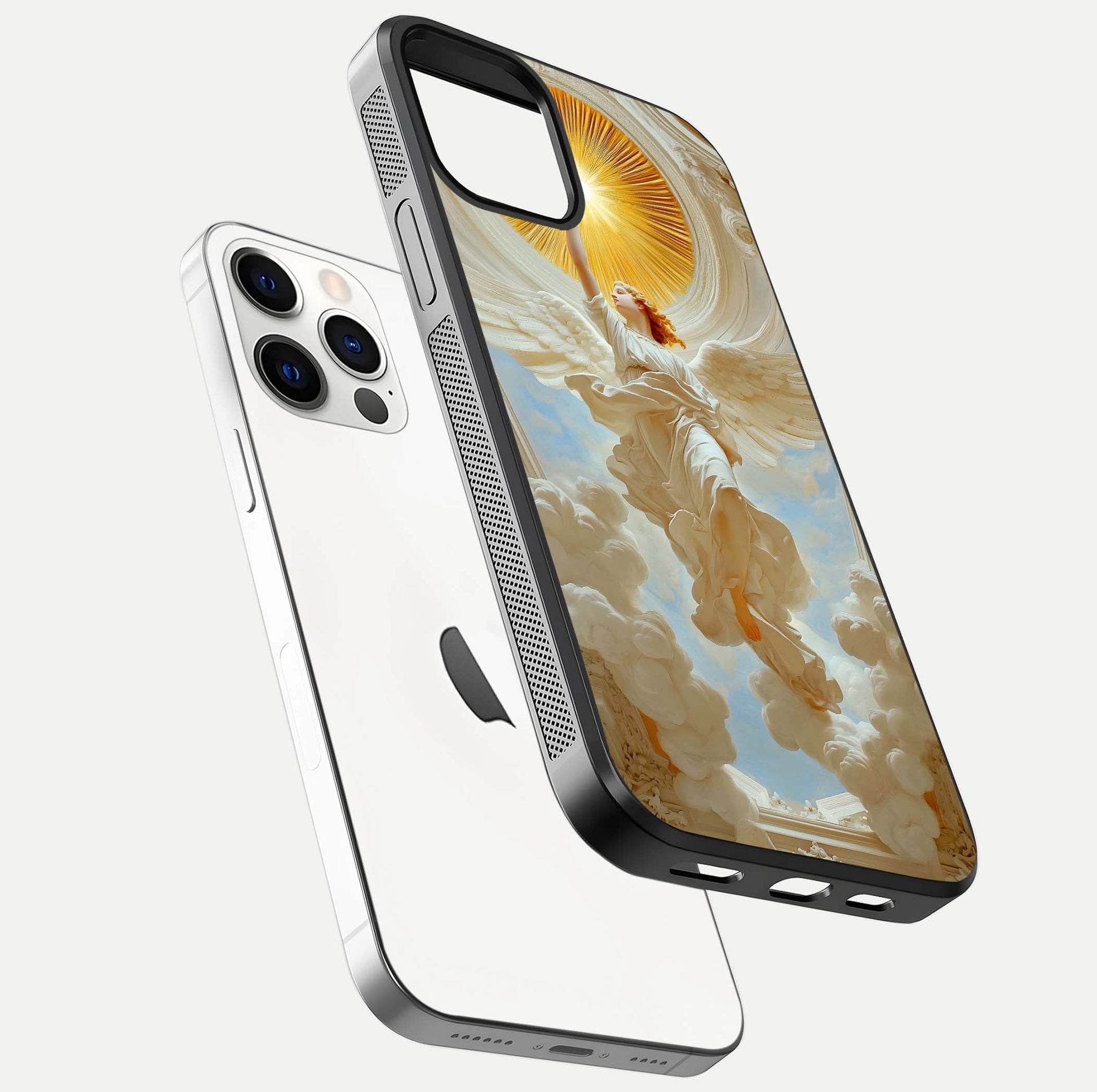 Divine Light Angel Glass Case for iPhone 12 Pro floating mockup showing gloss texture and radiant light