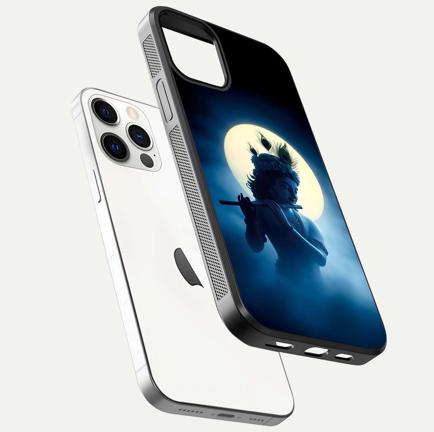 Divine Moon Flute Glass Case for iPhone 12 Pro floating mockup showing HD gloss and luminous texture