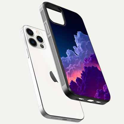 Dreamy Cloud Skies Glass Case for iPhone 12 Pro floating mockup showing glossy depth and delicate tone