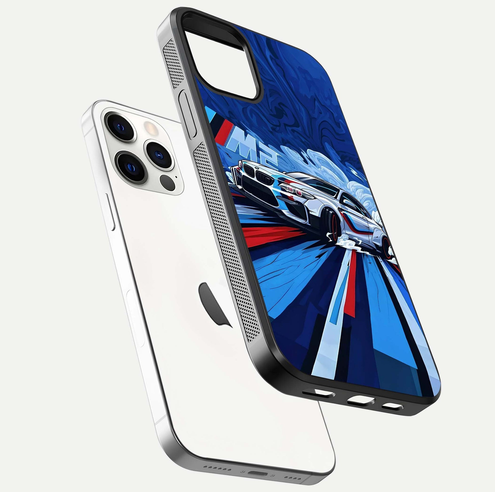 Drift Power Rush Glass Case for iPhone 12 Pro floating mockup showing gloss polish and speed-theme design