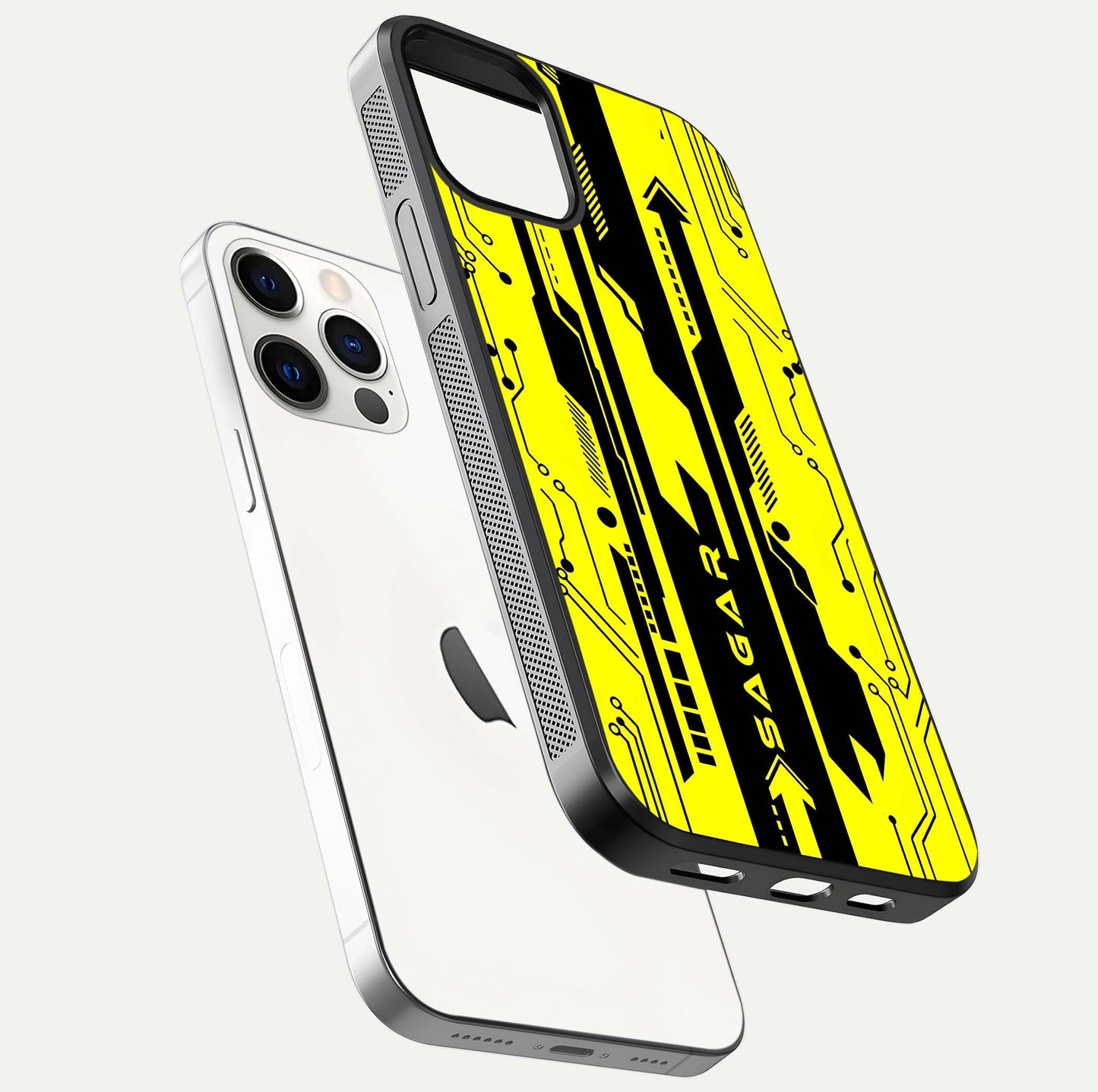 Electric Pulse CYBERPUNK Custom Name Glass Case for iPhone 12 Pro floating mockup showing HD gloss and vibrant cyberpunk glow