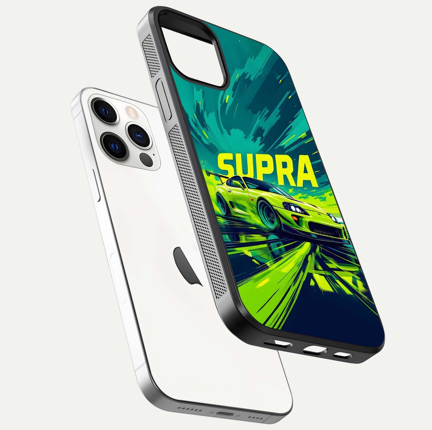 Electric Supra Thunder Glass Case for iPhone 12 Pro floating mockup showing gloss depth and energy glow