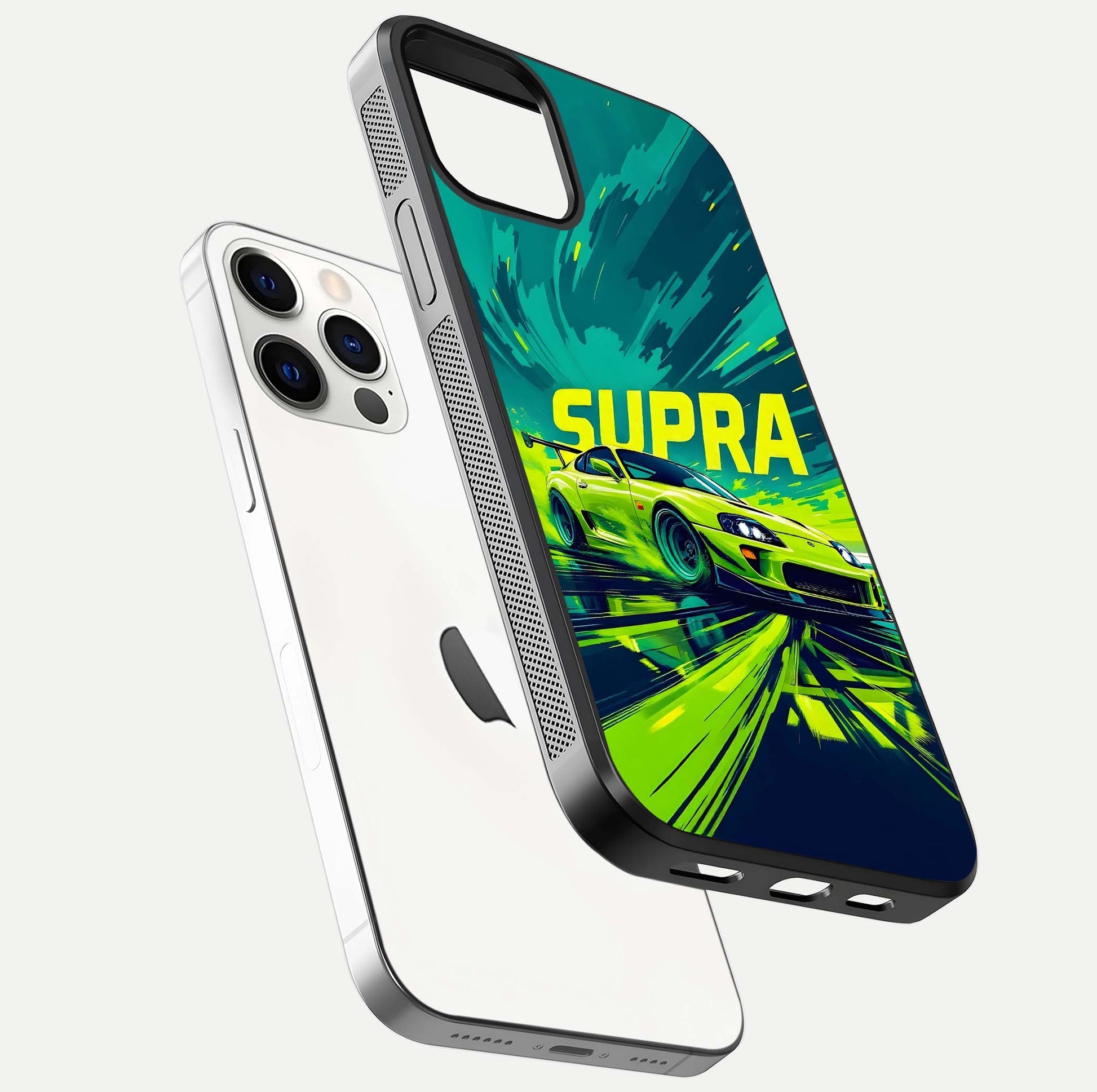 Electric Supra Thunder Glass Case for iPhone 12 Pro floating mockup showing gloss depth and energy glow