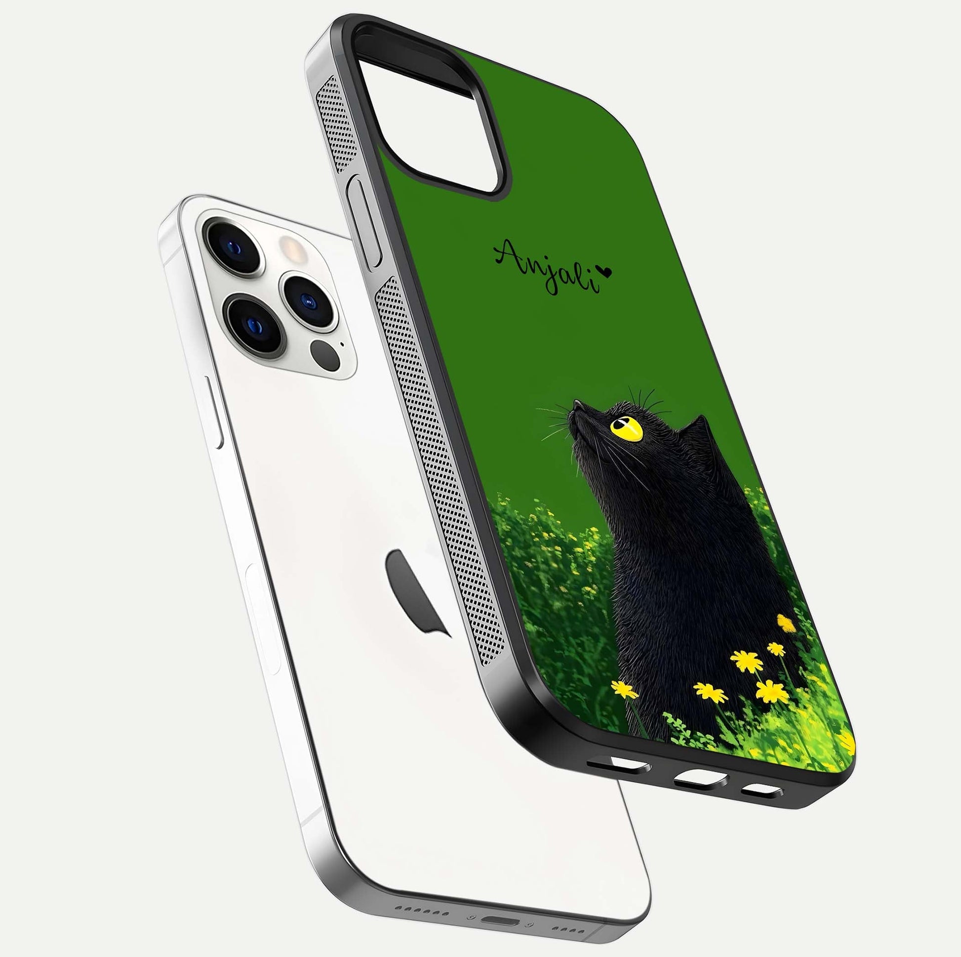 Emerald Cat Custom Name Glass Case for iPhone 12 Pro floating mockup showing HD gloss and soft gradient