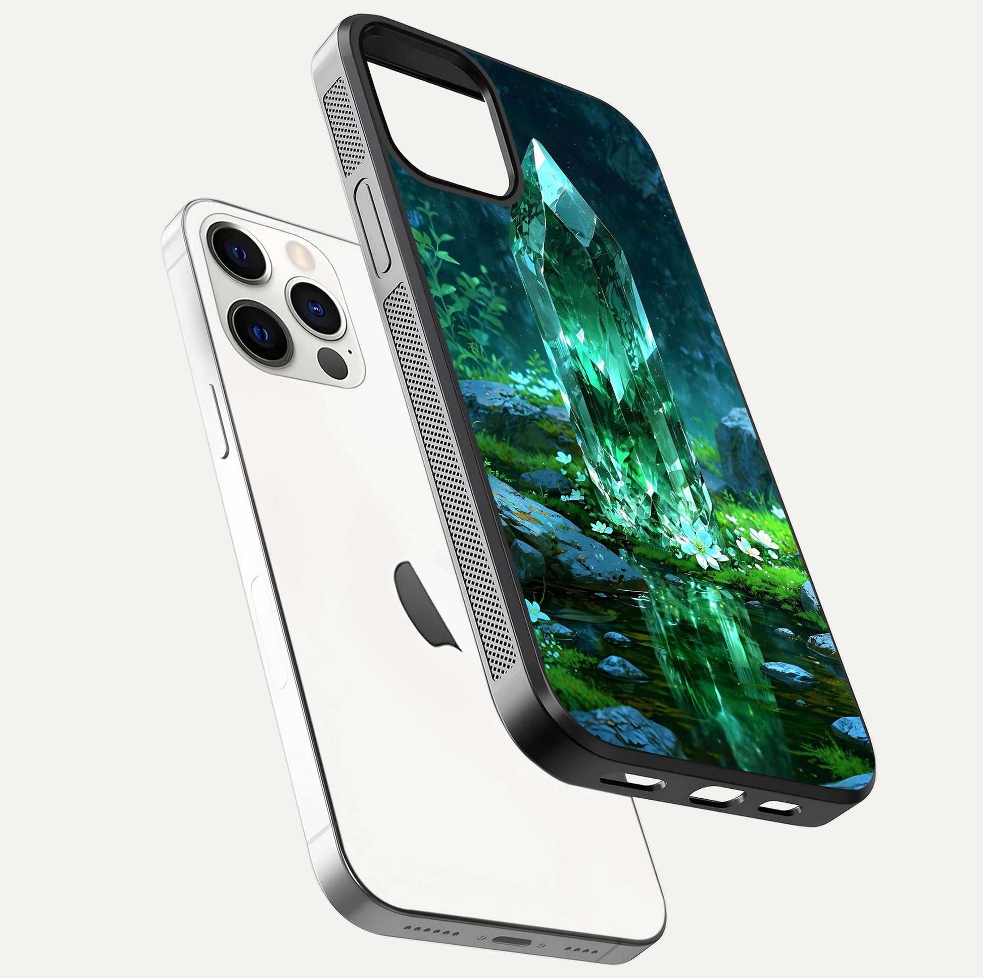 Emerald Light Crystal Glass Case for iPhone 12 Pro floating mockup showing glossy finish and radiant light pattern