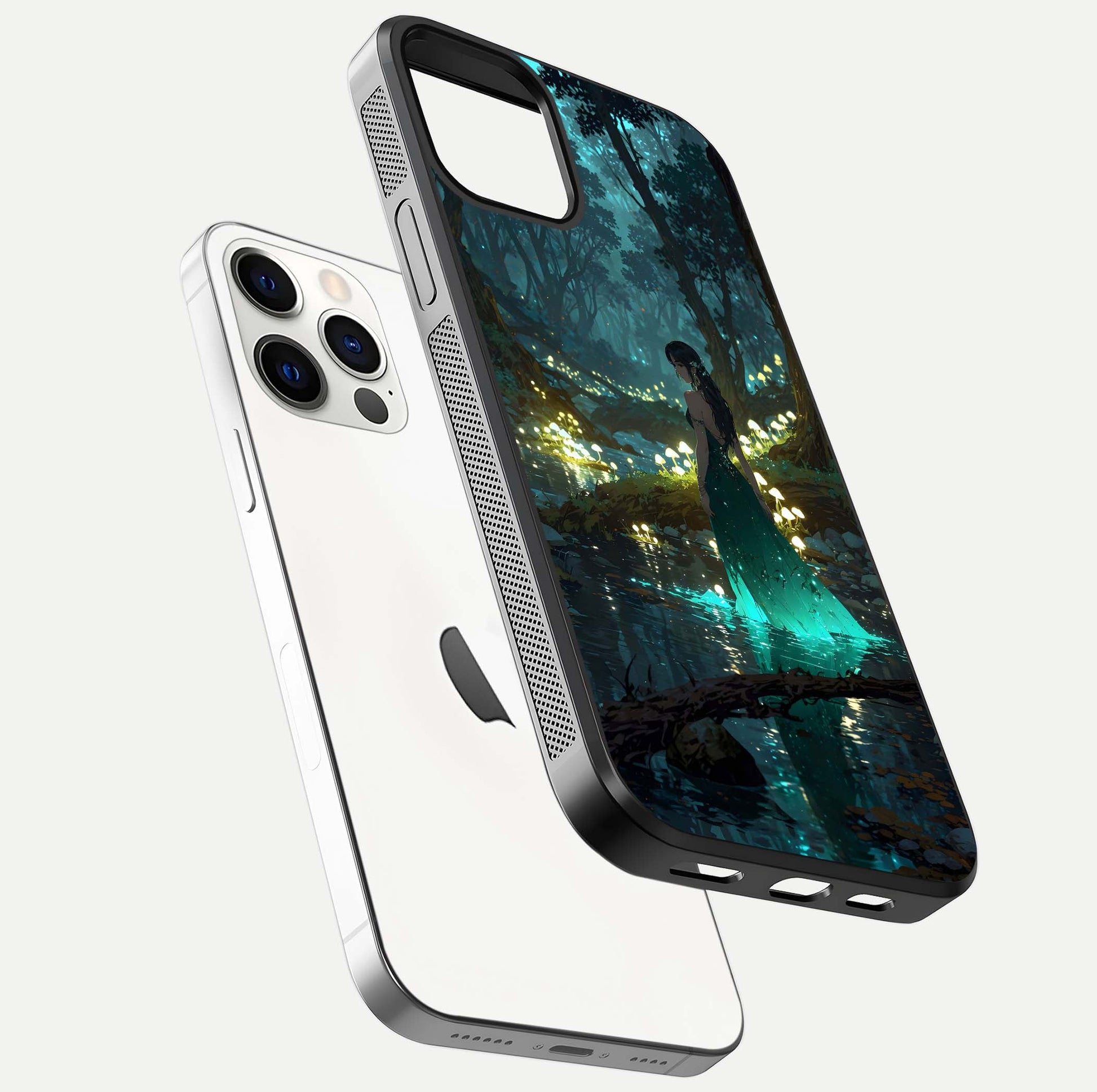 Enchanted Forest Glow Glass Case for iPhone 12 Pro floating mockup showing gloss polish and fantasy vibe