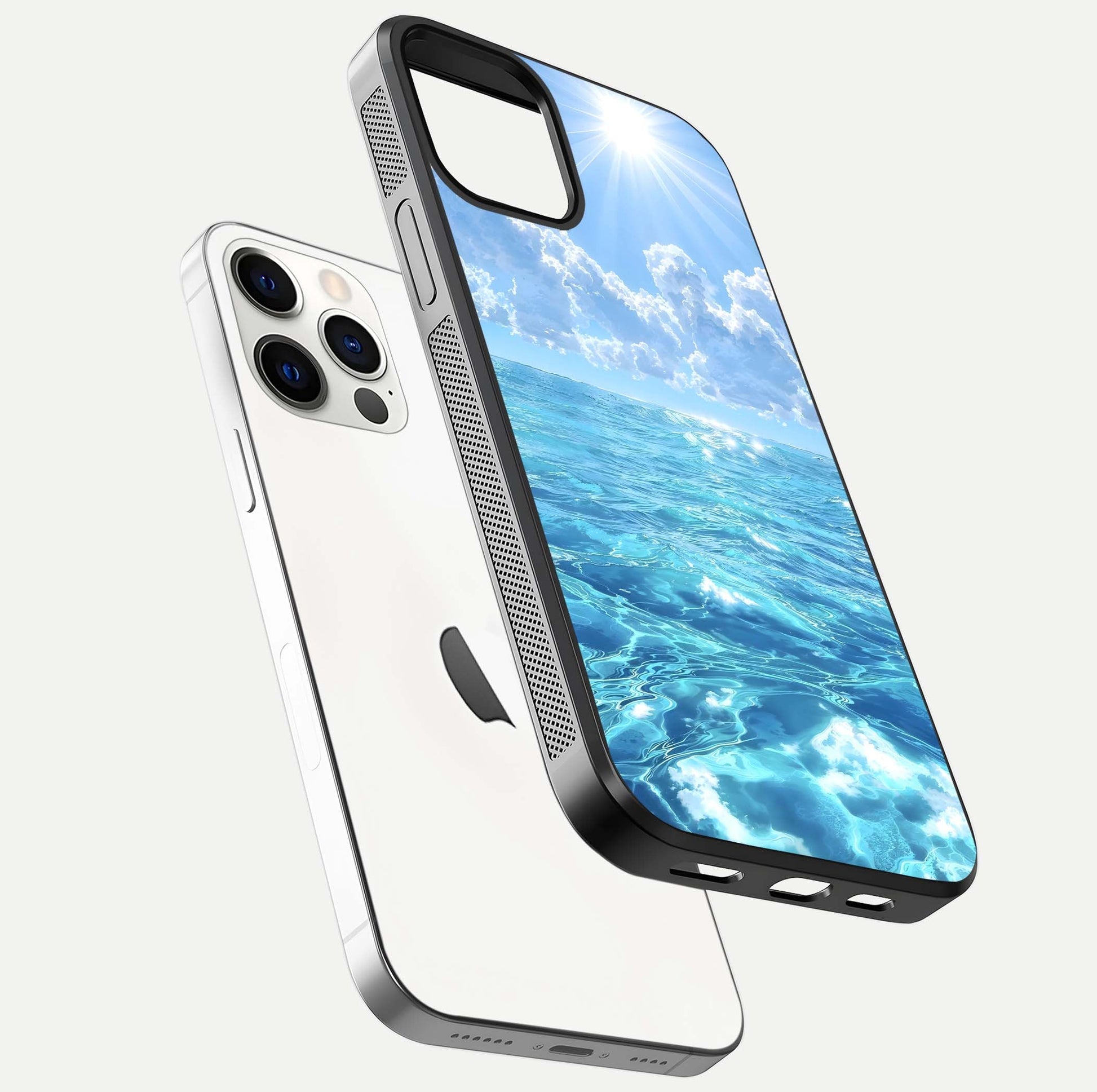 Endless Ocean Horizon Glass Case for iPhone 12 Pro floating mockup showing HD gloss and tranquil color