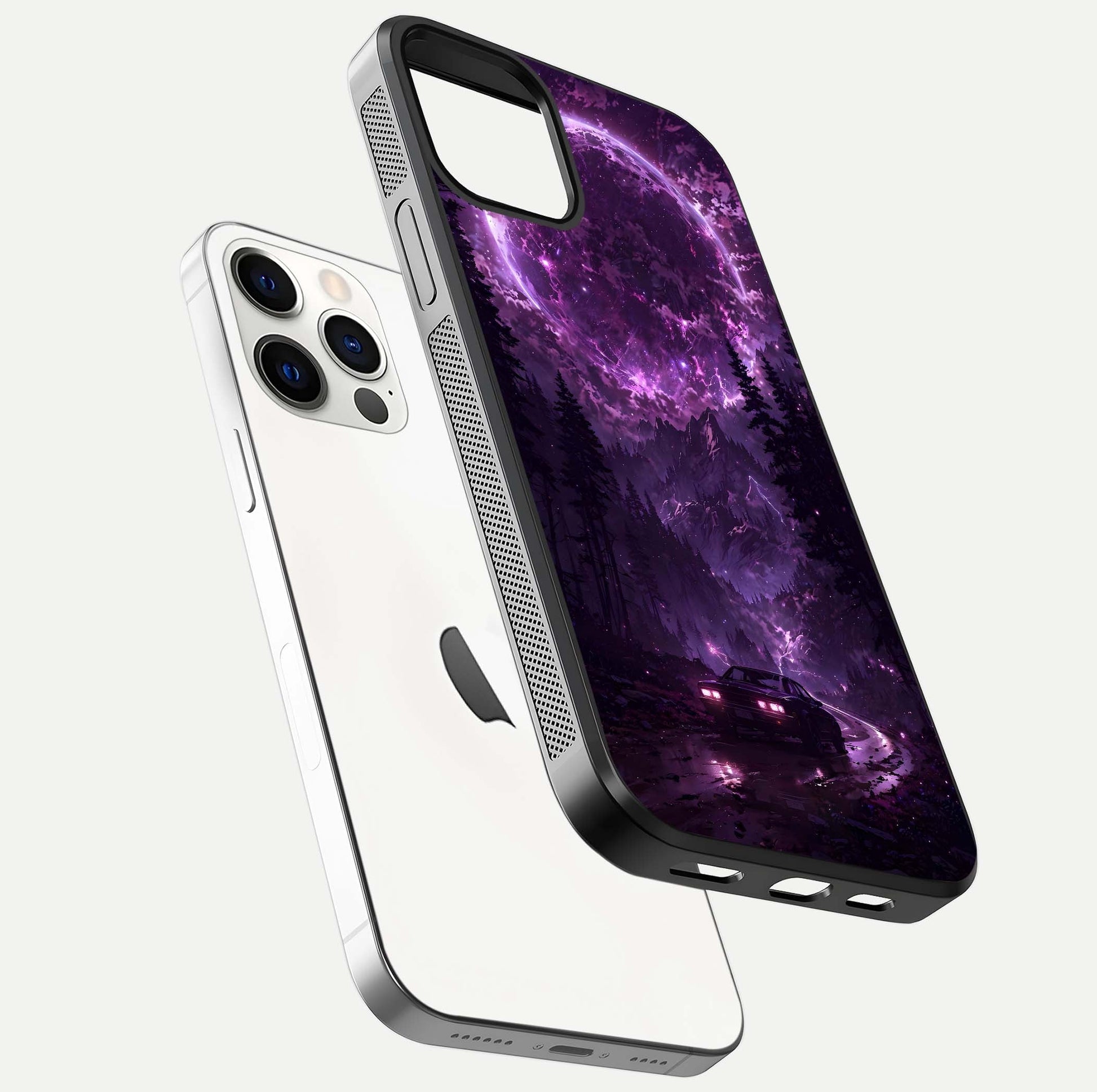 Eternal Cosmic Drive Glass Case for iPhone 12 Pro floating mockup showing glossy polish and vivid glow
