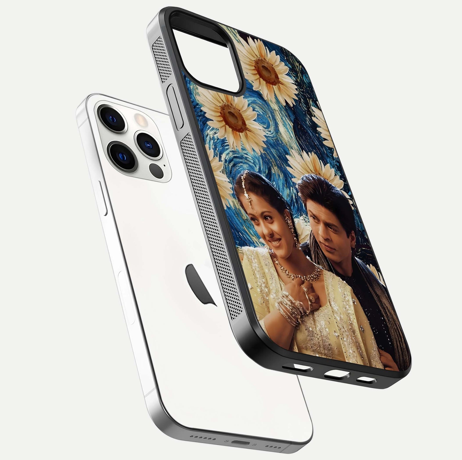 Eternal Love Story Glass Case for iPhone 12 Pro floating mockup showing glossy shine and romantic tone