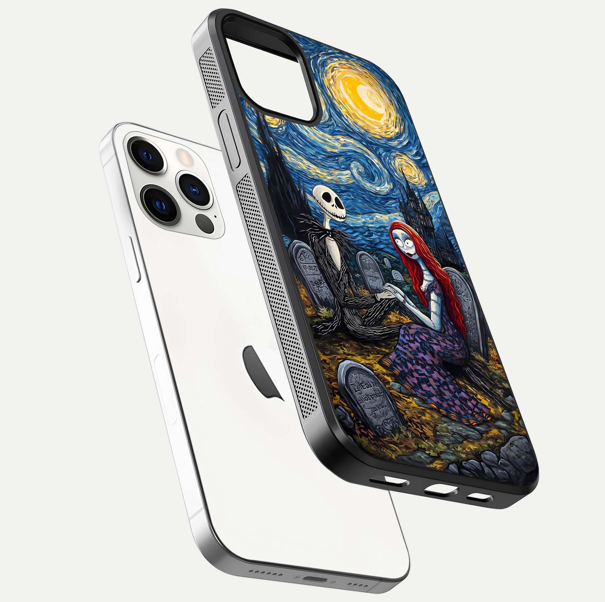 Eternal Night Love Glass Case for iPhone 12 Pro floating mockup showing gloss brightness and romantic vibe