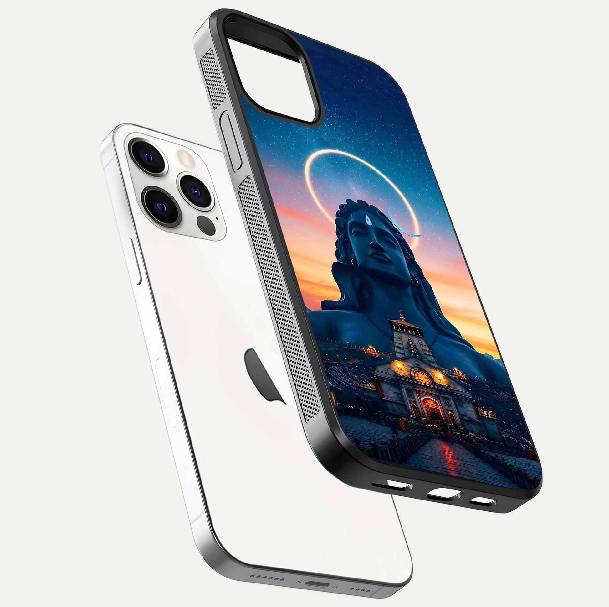 Eternal Shiva Aura Glass Case for iPhone 12 Pro floating mockup showing gloss texture and spiritual glow