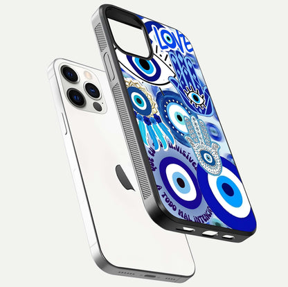 Evil Eyes Dream Glass Case for iPhone 12 Pro floating mockup showing glossy shine and elegant pattern clarity
